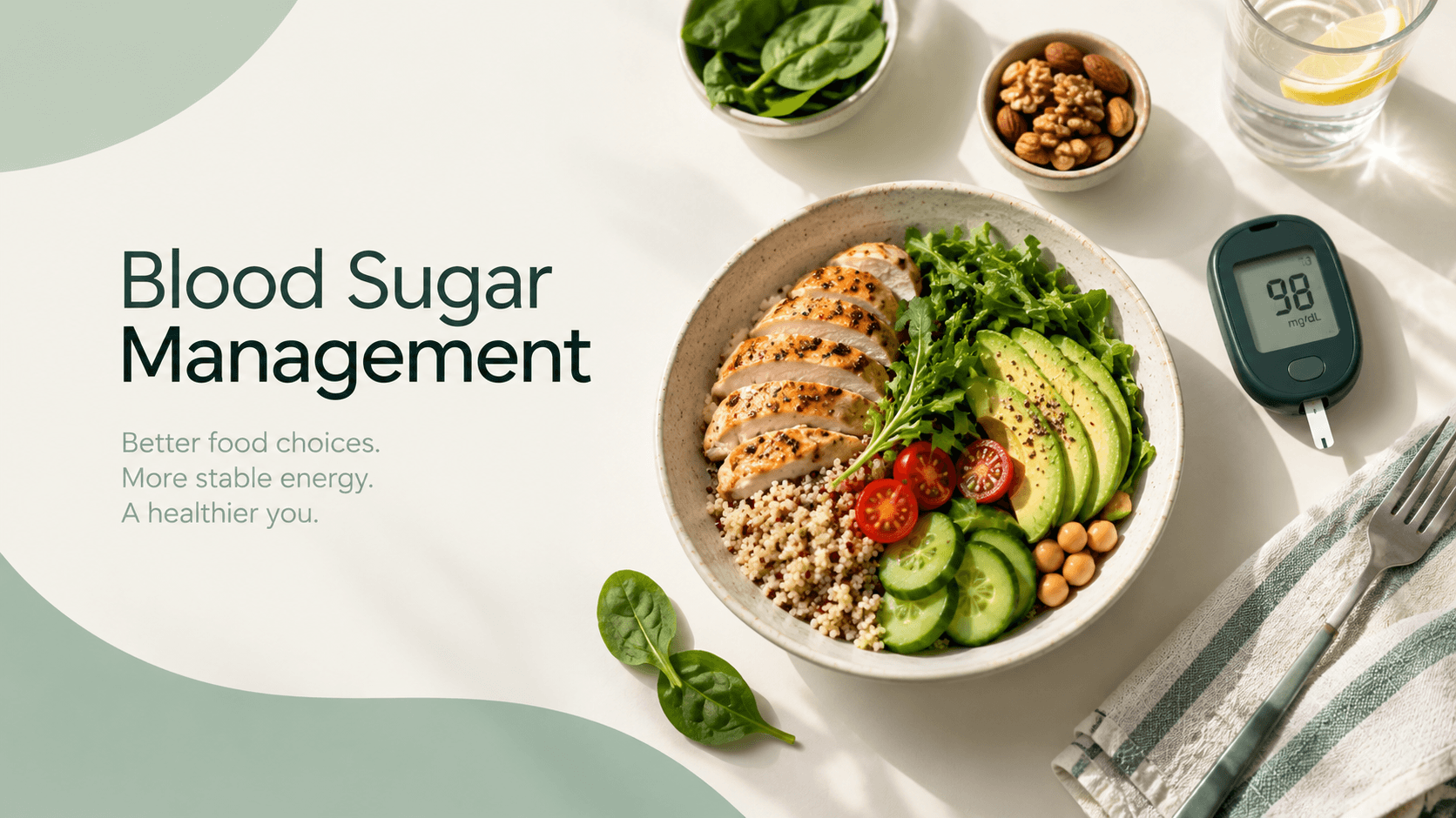 A still life arrangement representing blood sugar management with healthy fiber-rich foods and monitoring tools Whole Foods
